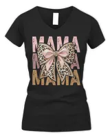 Retro Leopard Mama,Cute Mom Retro Coquette Bow Mother's Day T-Shirt Women's V-Neck T-Shirt black s