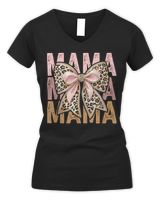 Retro Leopard Mama,Cute Mom Retro Coquette Bow Mother's Day T-Shirt Women's V-Neck T-Shirt black s